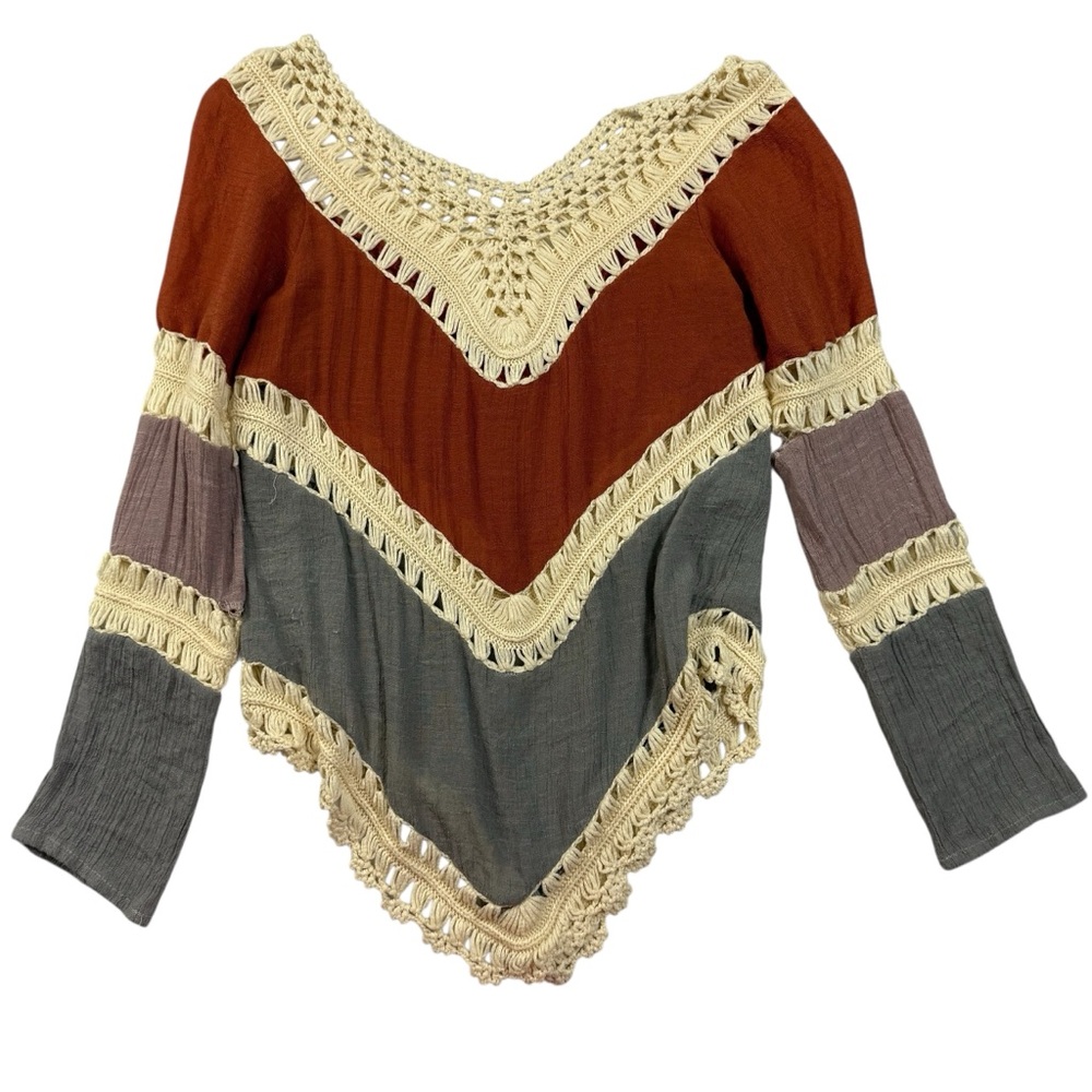 Boho Crochet Lace Tunic Top Women's Medium Rust Grey Colorblock Chevron Lace - Picture 3 of 8